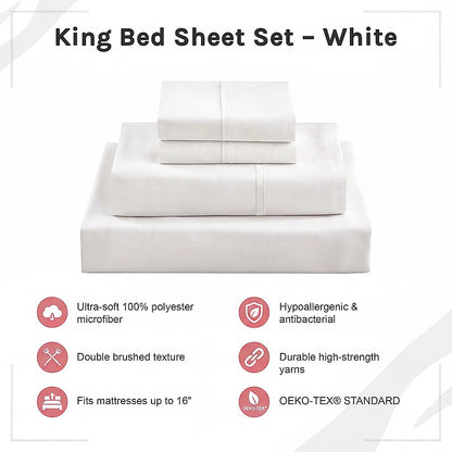 King Bed Sheet Set – 1800 Series Microfiber, Deep Pocket, Soft & Breathable, White - Image 8