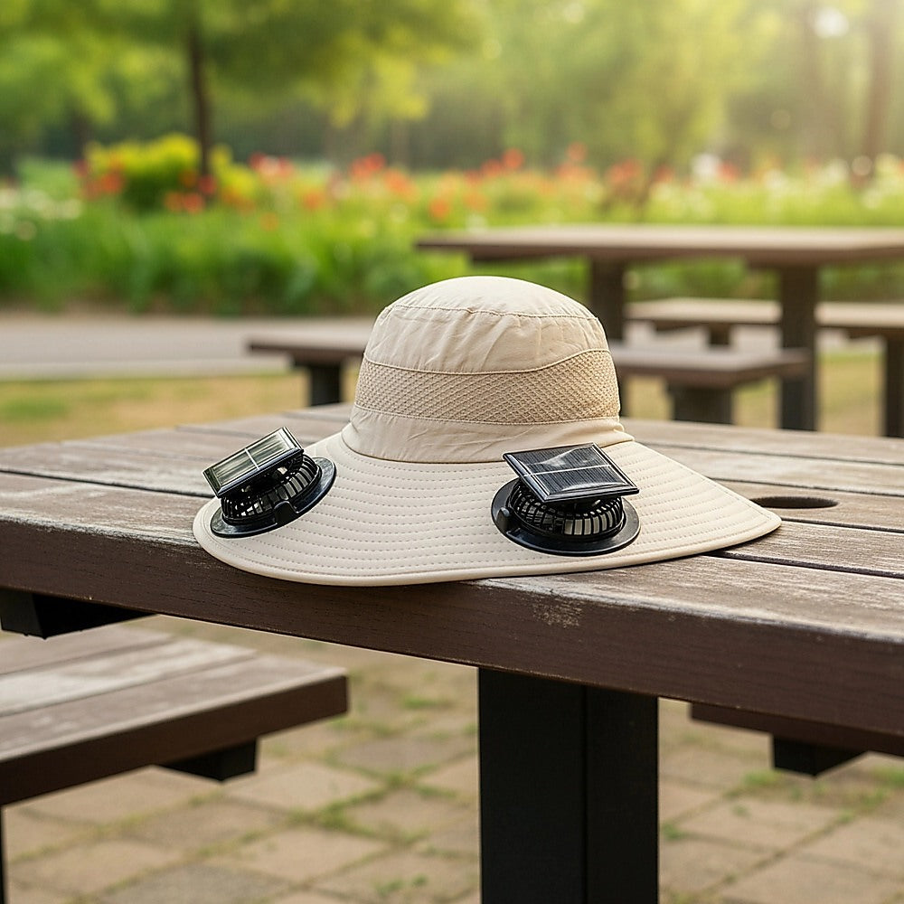 Solar & USB Powered Cooling Hat with Dual Fan – Khaki Outdoor Sun Hat - Image 2