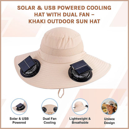 Solar & USB Powered Cooling Hat with Dual Fan – Khaki Outdoor Sun Hat - Image 3