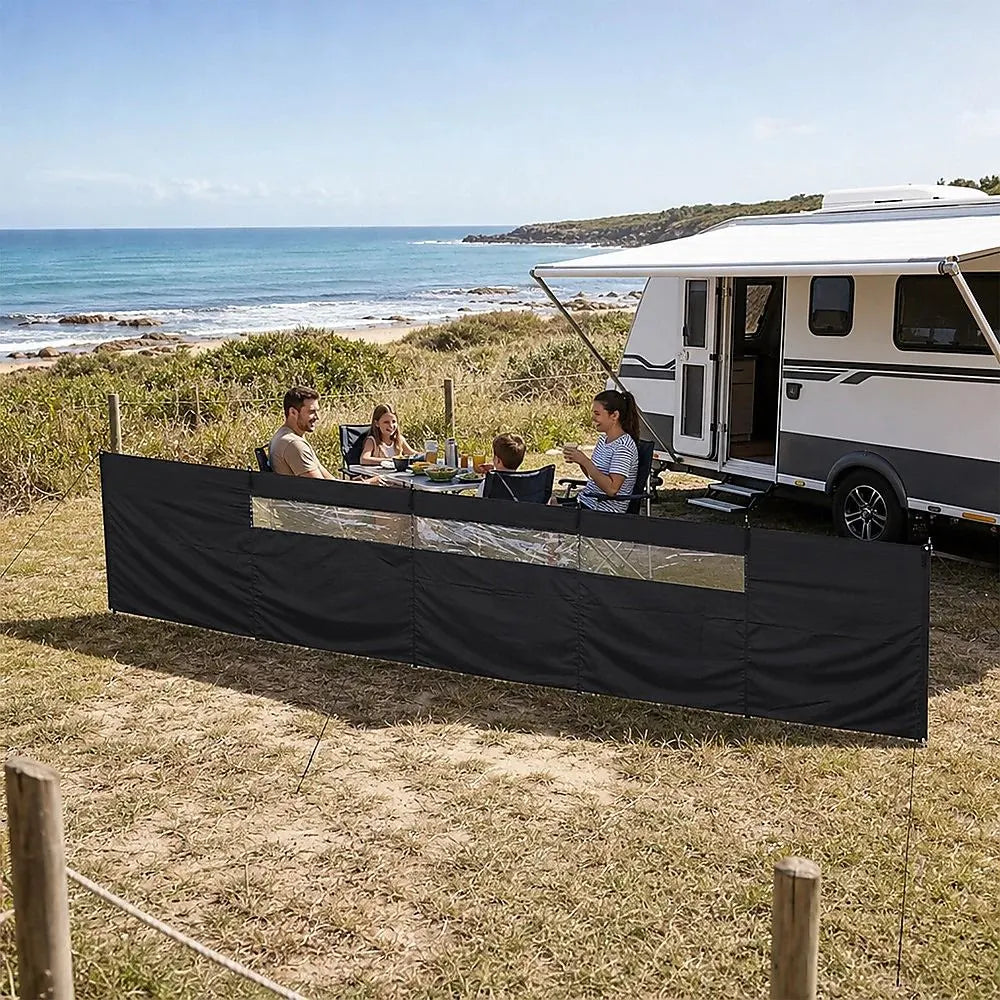 Camping Windbreak with Clear Windows & Carry Bag 725x140cm Black Outdoor Privacy Shelter - Image 2