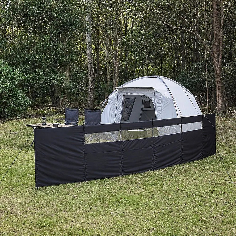 Camping Windbreak with Clear Windows & Carry Bag 725x140cm Black Outdoor Privacy Shelter - Image 3