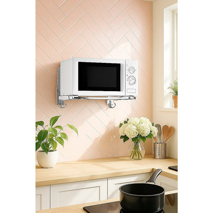 Stainless Steel Microwave Oven Wall Mount Bracket – Adjustable Shelf with Removable Hooks - Image 2