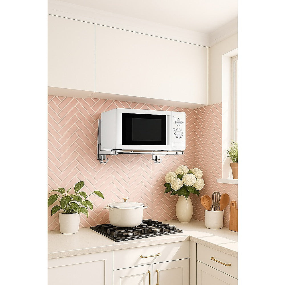 Stainless Steel Microwave Oven Wall Mount Bracket – Adjustable Shelf with Removable Hooks - Image 3
