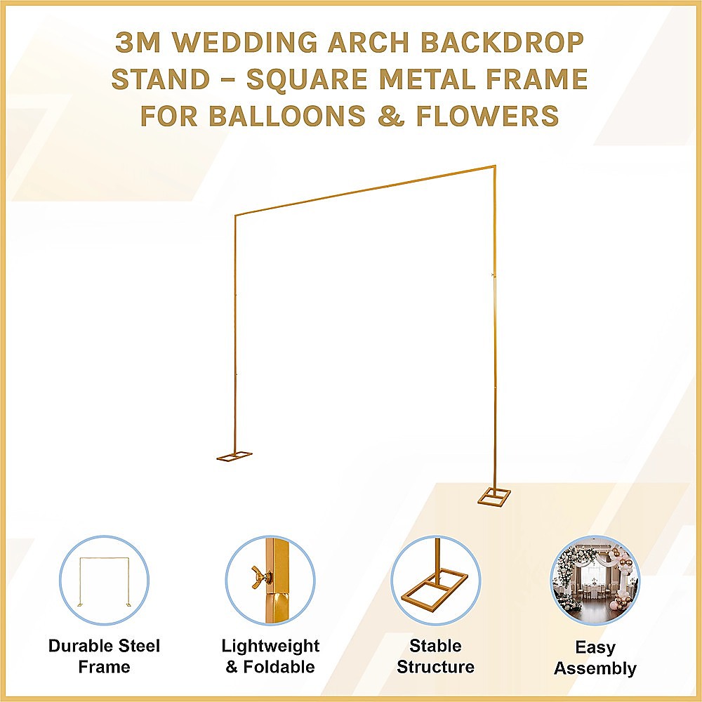 3m Wedding Arch Backdrop Stand – Square Metal Frame for Balloons & Flowers - Image 3