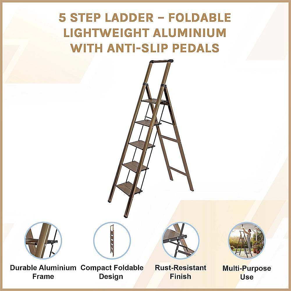 5 Step Ladder – Foldable Lightweight Aluminium with Anti-Slip Pedals - Image 3
