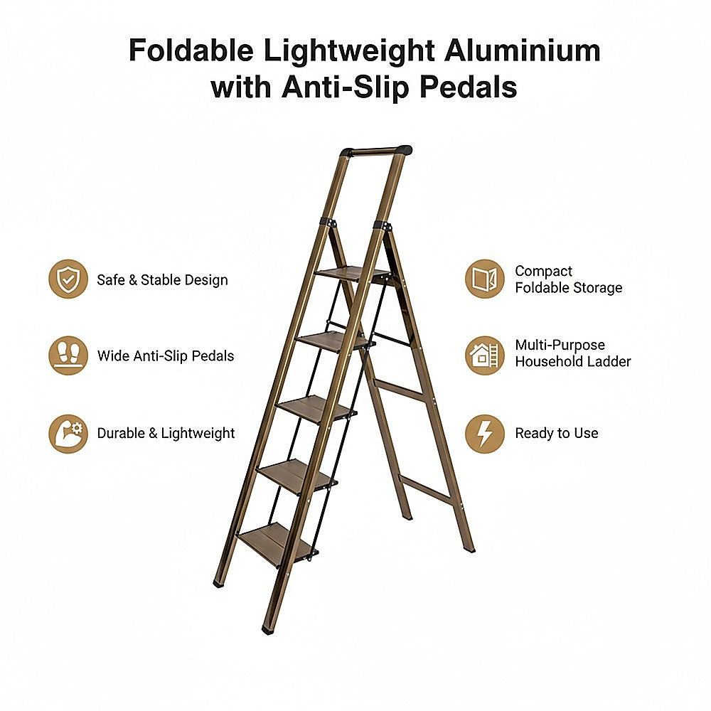 5 Step Ladder – Foldable Lightweight Aluminium with Anti-Slip Pedals - Image 9