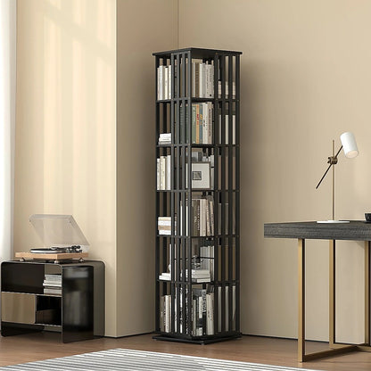 360 Rotating Bookshelf Bamboo Storage Display Rack Shelving in Black - Image 2