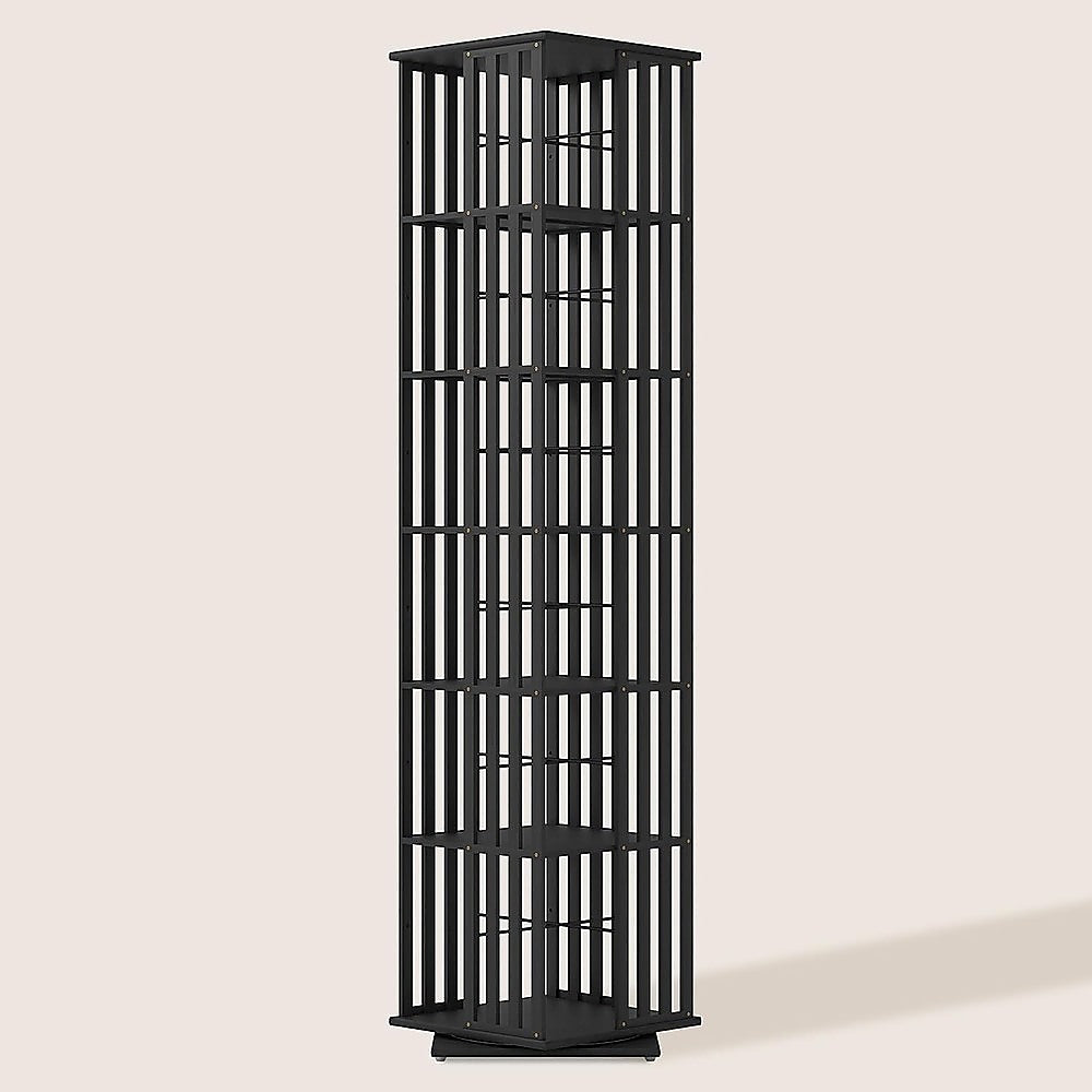 360 Rotating Bookshelf Bamboo Storage Display Rack Shelving in Black - Image 4