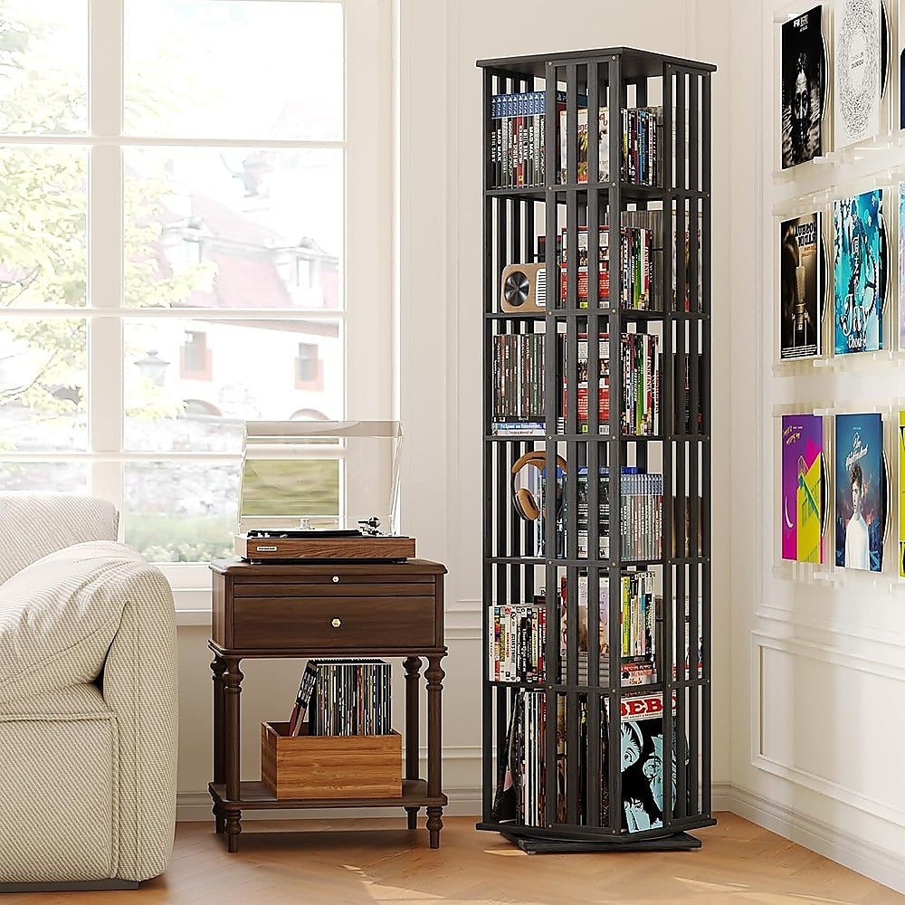 360 Rotating Bookshelf Bamboo Storage Display Rack Shelving in Black - Image 5