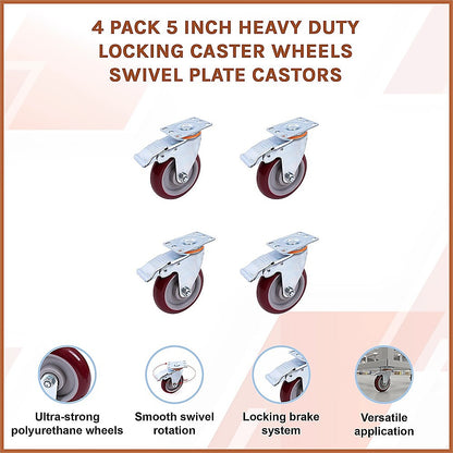 4 Pack 5 Inch Heavy Duty Locking Caster Wheels Swivel Plate Castors - Image 3