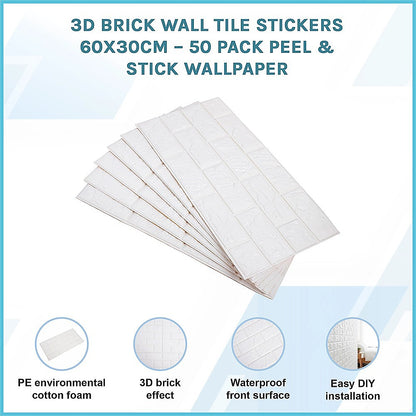 3D Brick Wall Tile Stickers 60x30cm – 50 Pack Peel & Stick Wallpaper - Image 3