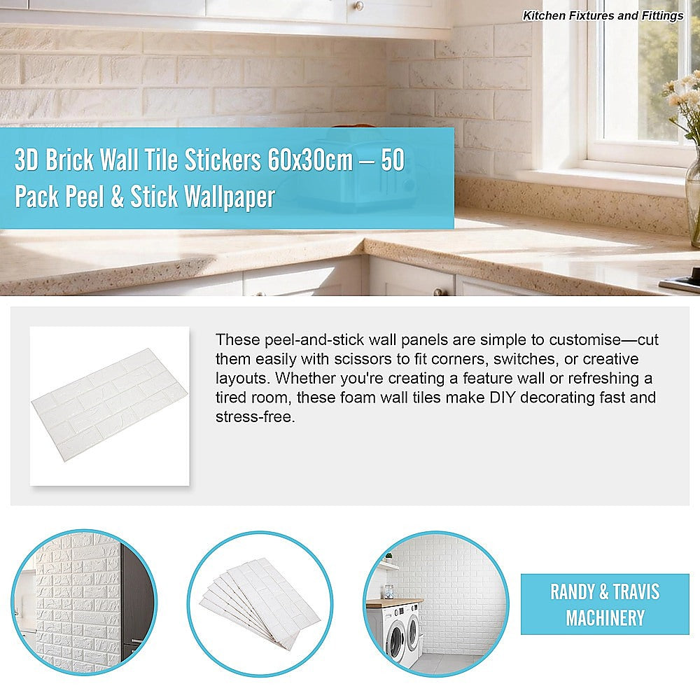 3D Brick Wall Tile Stickers 60x30cm – 50 Pack Peel & Stick Wallpaper - Image 6