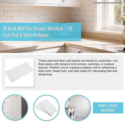 3D Brick Wall Tile Stickers 60x30cm – 50 Pack Peel & Stick Wallpaper - Image 6