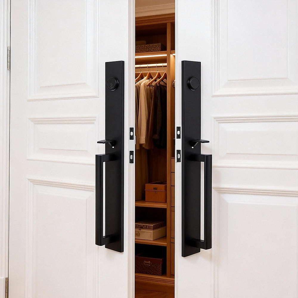 Matte Black Double Door Handle Set Dummy Front Entry Deadbolt Lock - Image 2