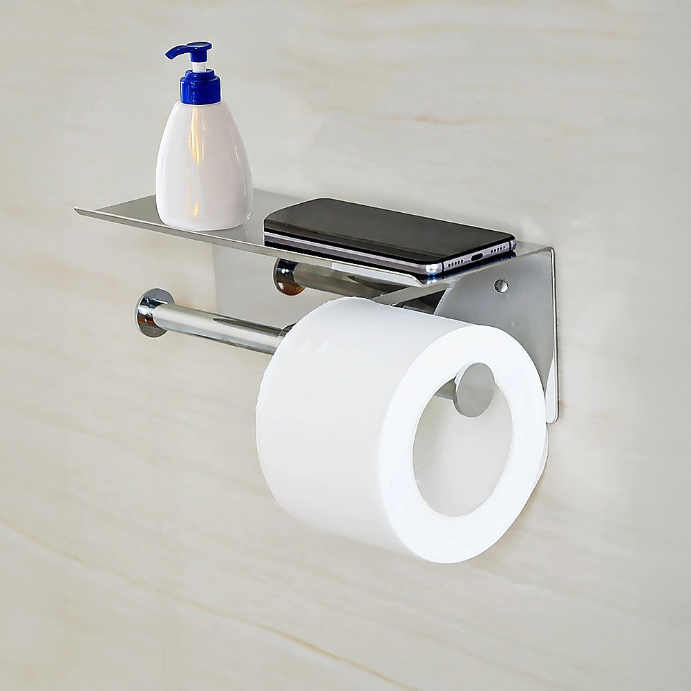Double Toilet Paper Holder with Shelf Wall Mounted Bathroom Storage - Image 2