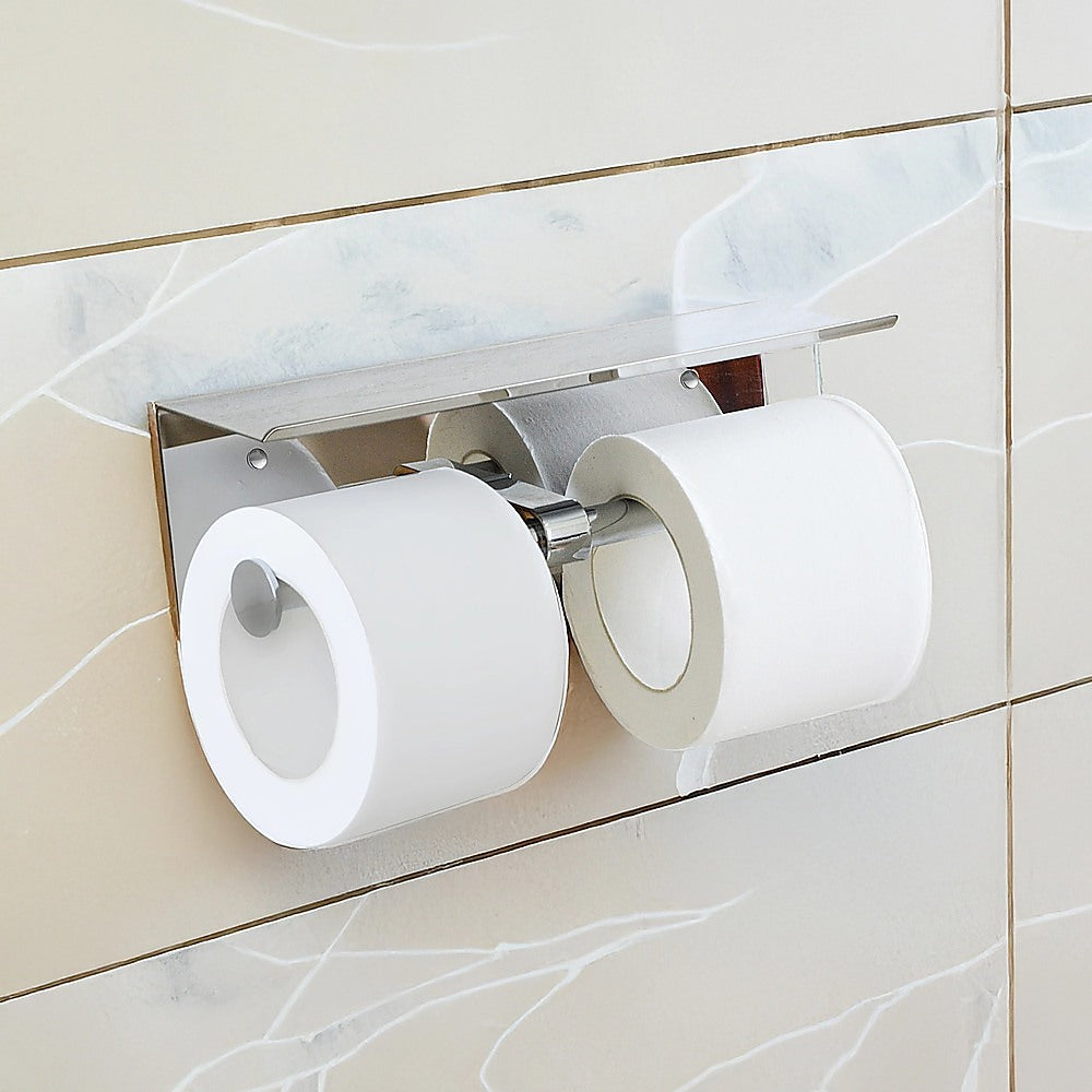 Double Toilet Paper Holder with Shelf Wall Mounted Bathroom Storage - Image 4