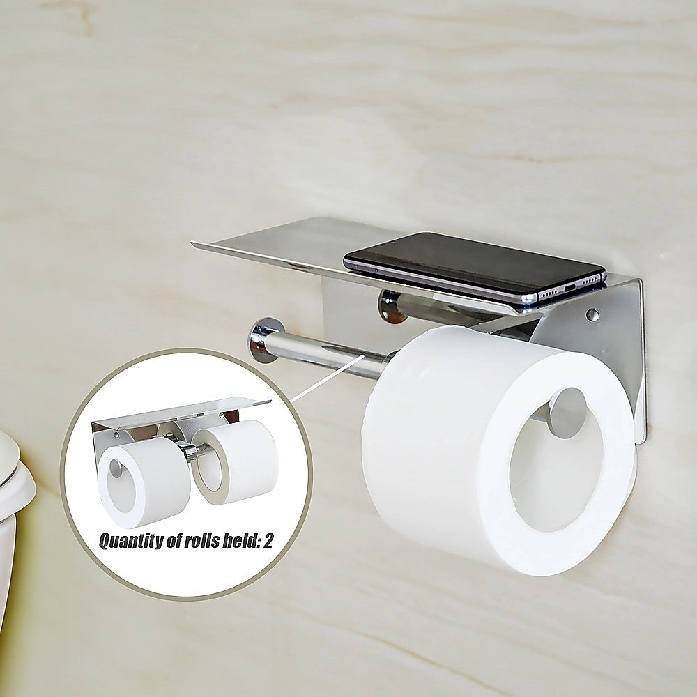 Double Toilet Paper Holder with Shelf Wall Mounted Bathroom Storage - Image 5