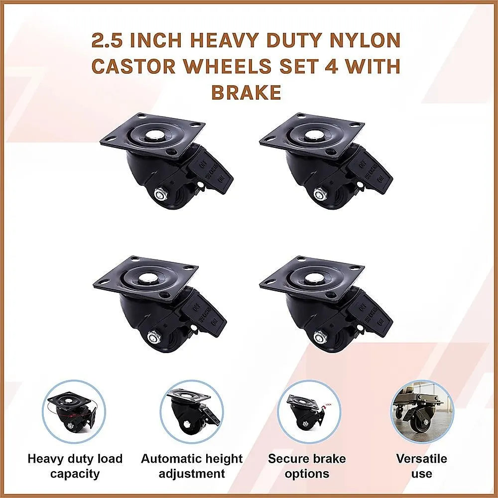 2.5 Inch Heavy Duty Nylon Castor Wheels Set 4 with Brake - Image 6