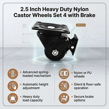 2.5 Inch Heavy Duty Nylon Castor Wheels Set 4 with Brake - Image 7