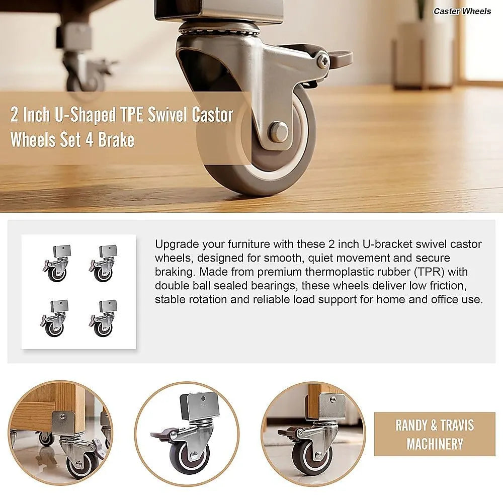2 Inch U-Shaped TPE Swivel Castor Wheels Set 4 Brake - Image 6