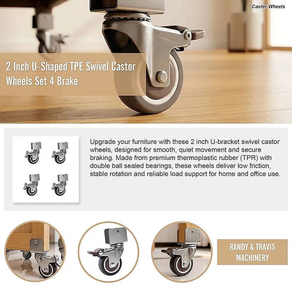 2 Inch U-Shaped TPE Swivel Castor Wheels Set 4 Brake - Image 6