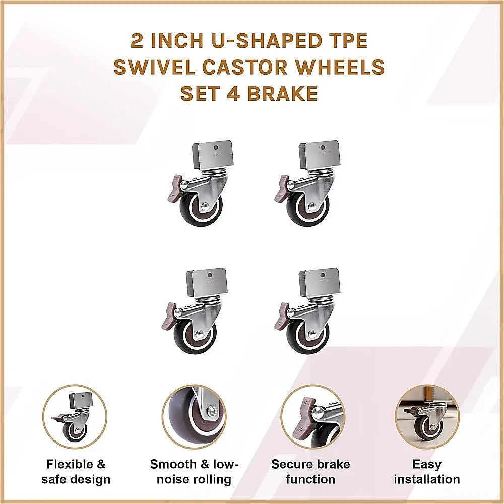 2 Inch U-Shaped TPE Swivel Castor Wheels Set 4 Brake - Image 7