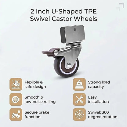 2 Inch U-Shaped TPE Swivel Castor Wheels Set 4 Brake - Image 8