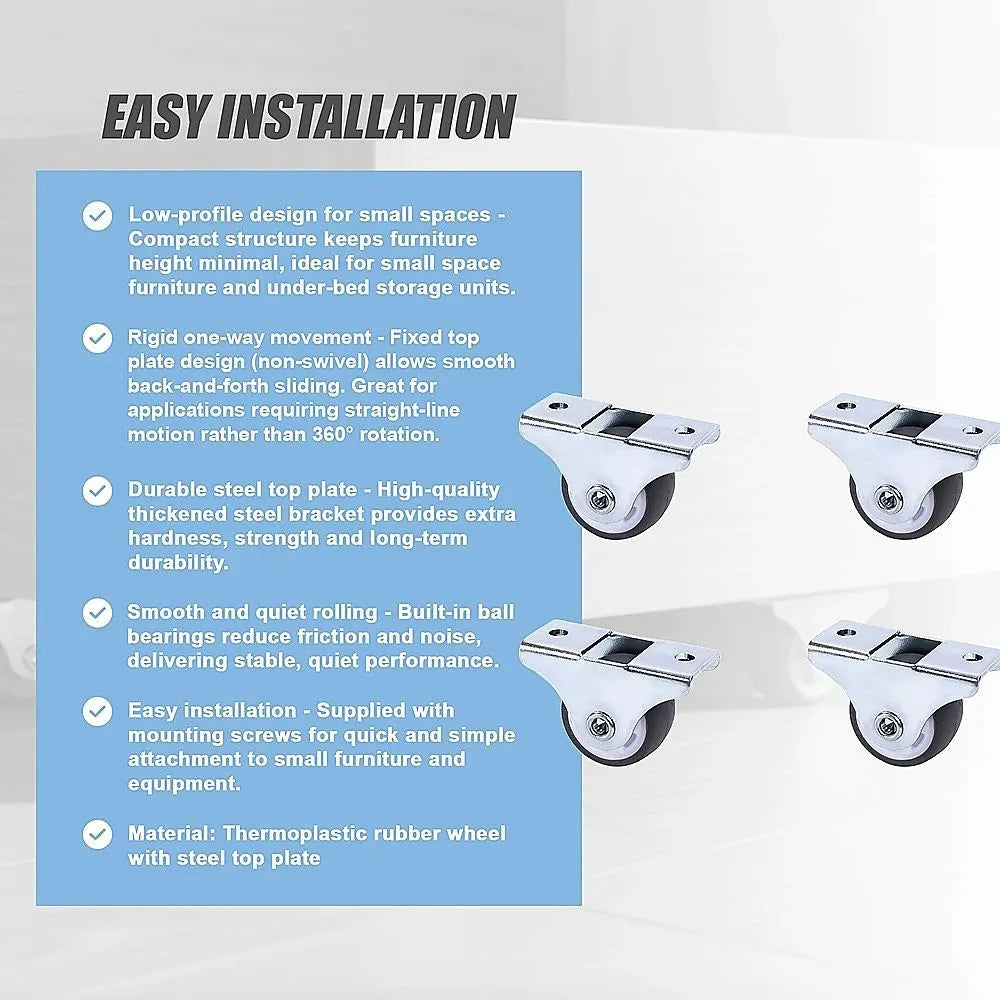 Mini Fixed Caster Wheels Rubber Low Profile Set 4 - Image 5