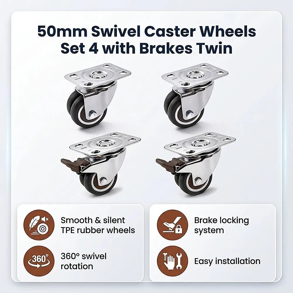 50mm Swivel Caster Wheels Set 4 with Brakes Twin - Image 7