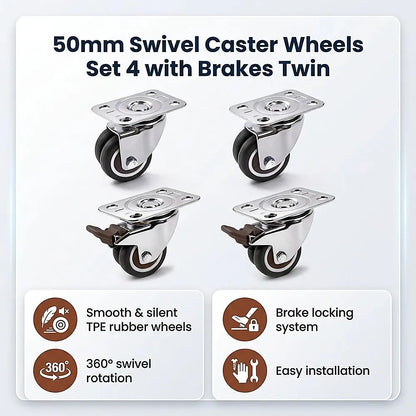 50mm Swivel Caster Wheels Set 4 with Brakes Twin - Image 7