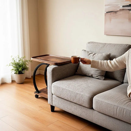 C-Shaped Corner End Table with Wheels Sofa Side - Image 4