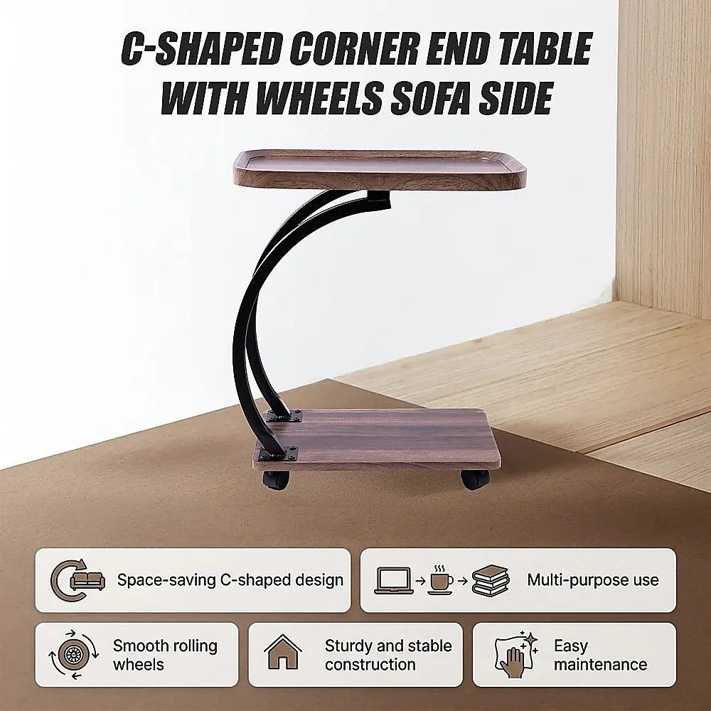 C-Shaped Corner End Table with Wheels Sofa Side - Image 6