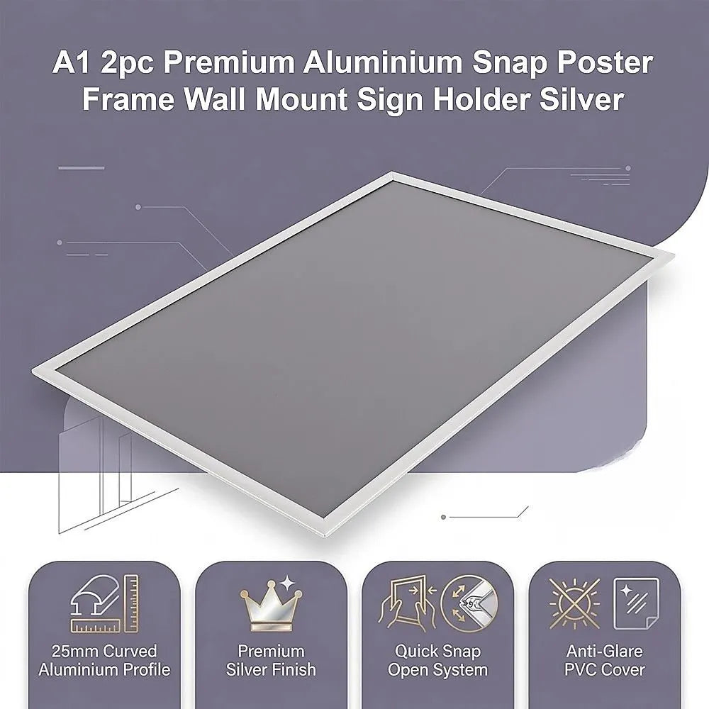 A1 2pc Aluminium Snap Poster Frame Wall Mount Sign Holder Silver - Image 3