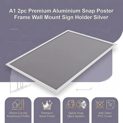 A1 2pc Aluminium Snap Poster Frame Wall Mount Sign Holder Silver - Image 3