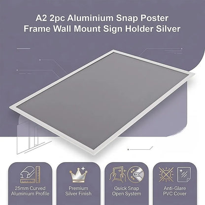 A2 2pc Aluminium Snap Poster Frame Wall Mount Sign Holder Silver - Image 3