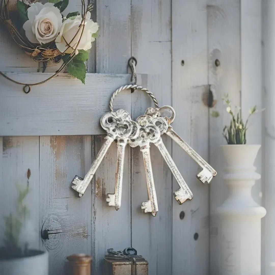 Five Antique White Keys on Ring 23cm - Image 2