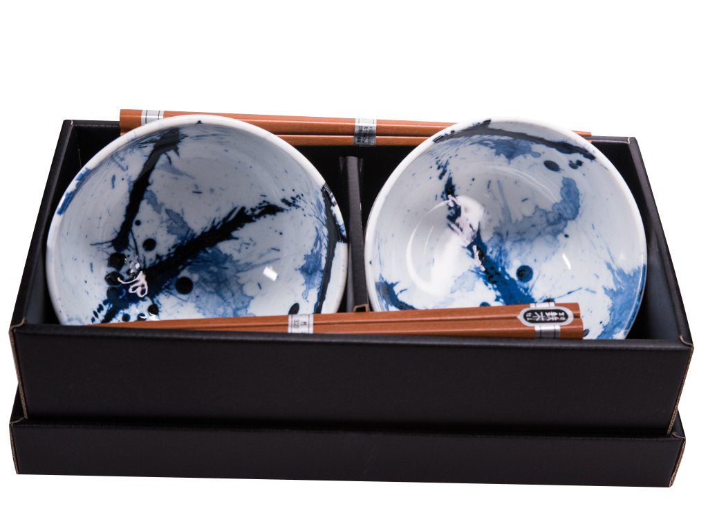 Bowl Set 2pcs with Chopsticks Blue White Splash Design - Image 3
