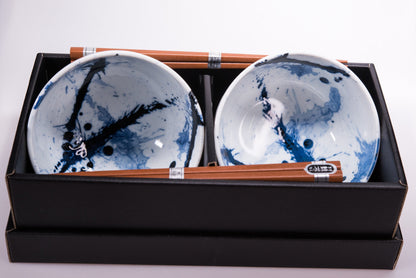 Bowl Set 2pcs with Chopsticks Blue White Splash Design - Image 5
