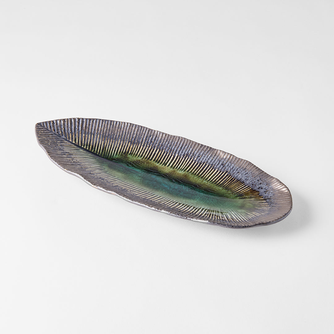 Plate Leaf Shape 32.5x13.5cm Midori Ridge Glaze - Image 2