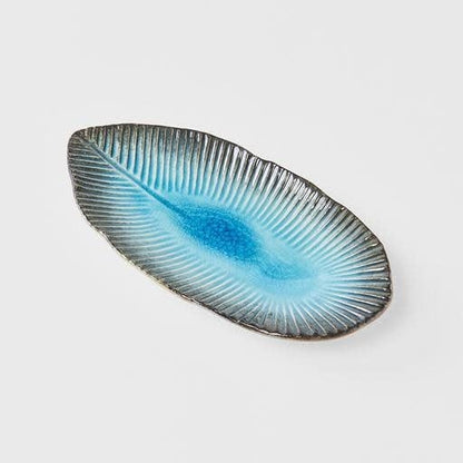 Plate Leaf Shape 21cm Sky Blue Glaze