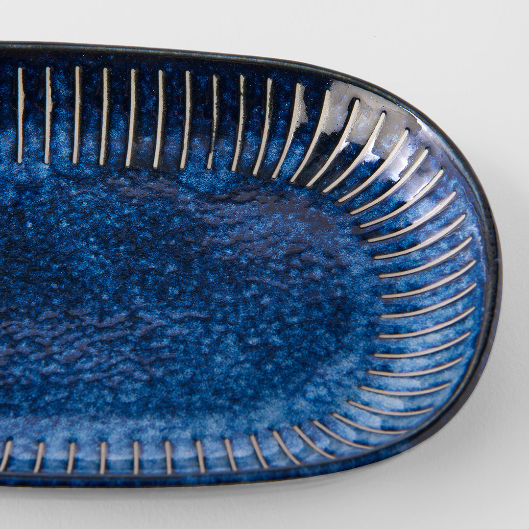 Plate Oval 19cm Ridged Indigo Glaze - Image 2