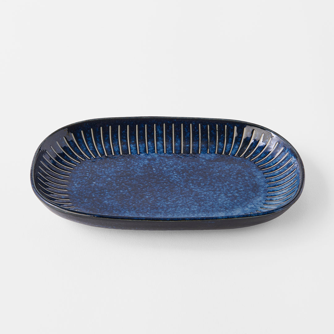 Plate Oval 19cm Ridged Indigo Glaze - Image 3
