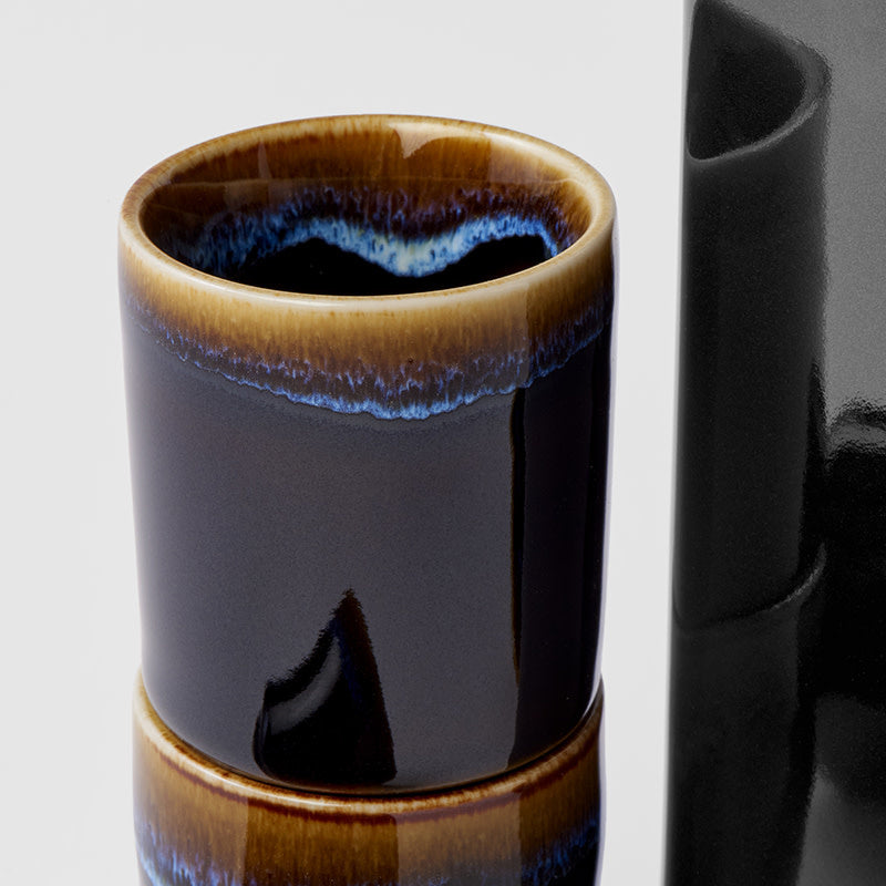 Sake Set 5pcs Tenmokku With Bright Blue Glaze - Image 2