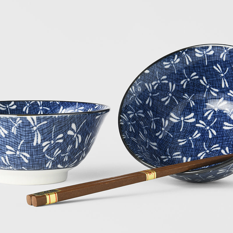 Bowl Set 2pcs with Chopsticks Indigo Dragonfly Design - Image 2