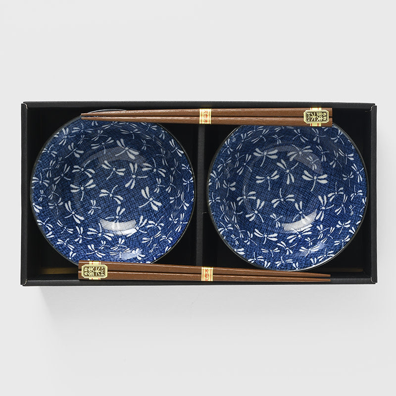 Bowl Set 2pcs with Chopsticks Indigo Dragonfly Design - Image 3