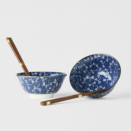 Bowl Set 2pcs with Chopsticks Indigo Dragonfly Design - Image 4