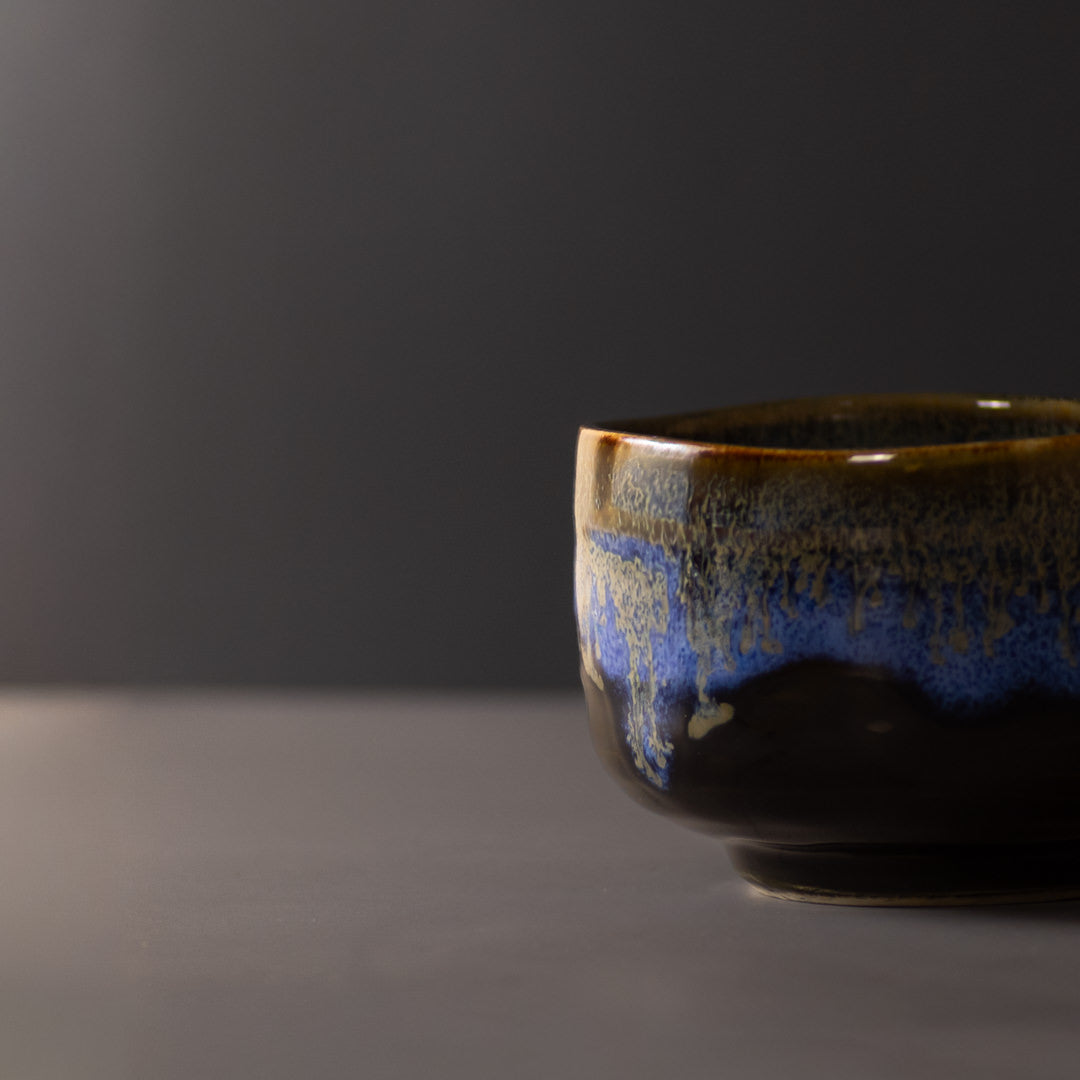 Matcha Tea Bowl 11.5cm Blue Drip on Black - Image 2