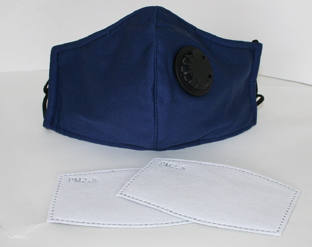 Reusable Cotton Cloth Face Mask w 2 PM2.5 Filters Adjustable w Breathing Valve 3Ply Blue - Image 4
