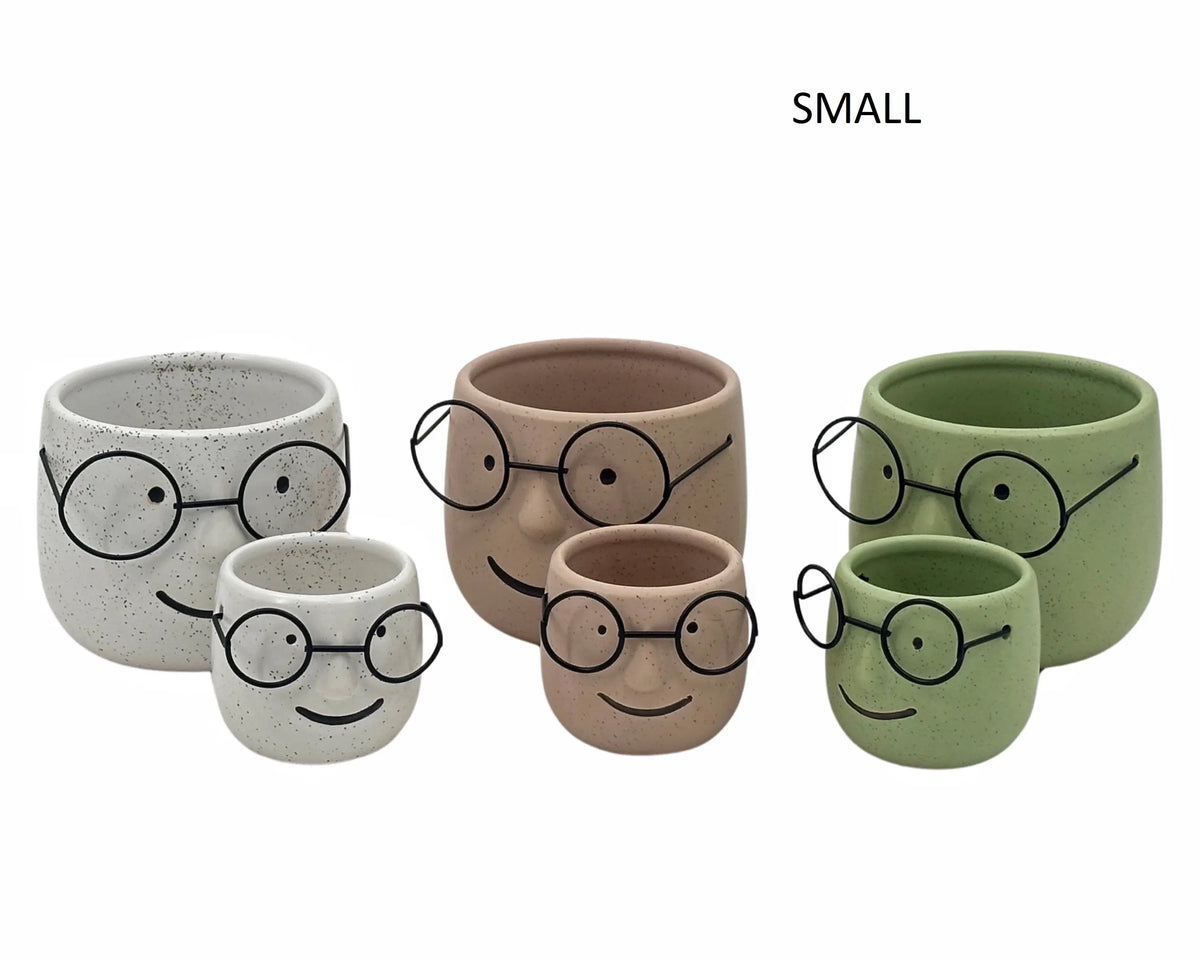 Set 3 Ceramic Pot Planter w Metal Glasses 7x6cm