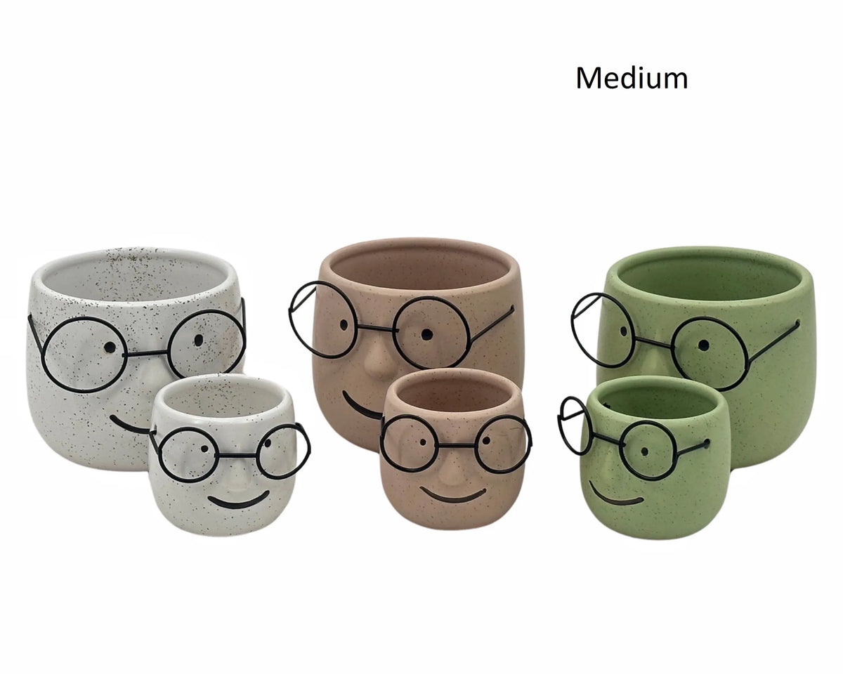 Set 3 Ceramic Pot Planter w Metal Glasses 12x10cm